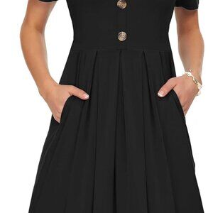 Women's Summer Dress Pleated Button Knee Length Pockets Casual Stylish